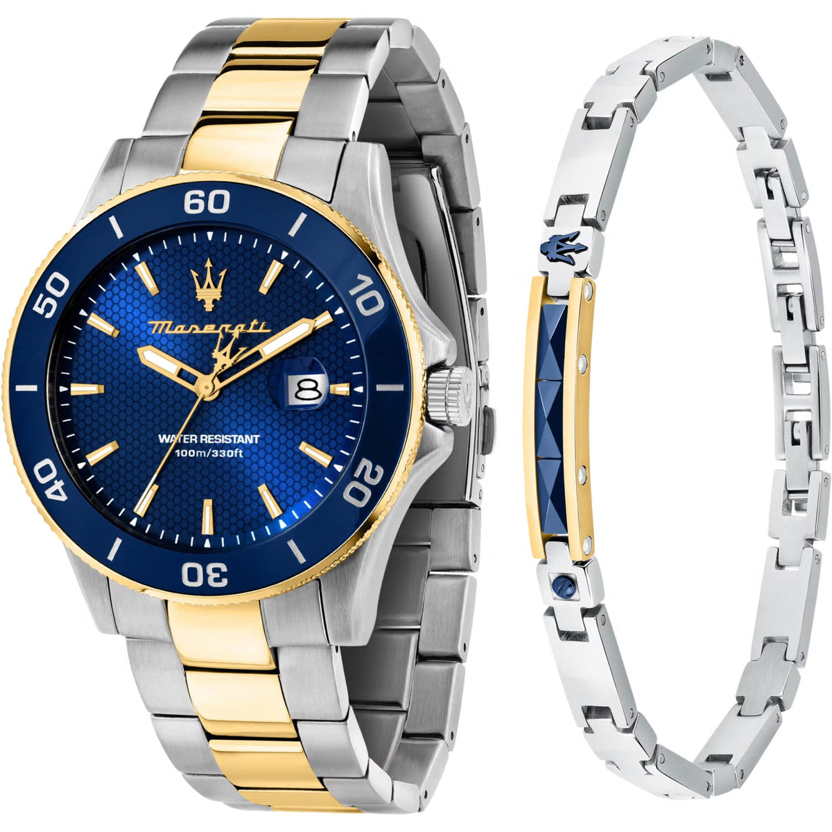 Men's Maserati two-tone steel watch with blue dial, gold bezel, linked bracelet