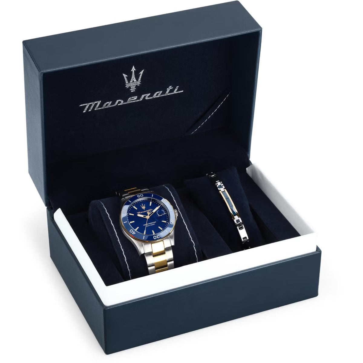 Maserati watch gift set: blue dial watch in dark box with two-tone bracelet