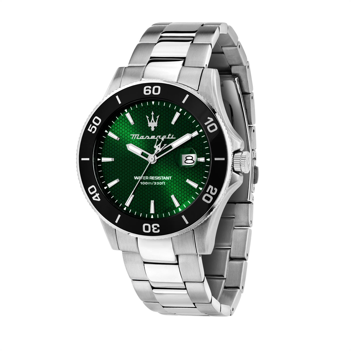 Men's steel quartz watch featuring a green dial, crown on right, and link bracelet