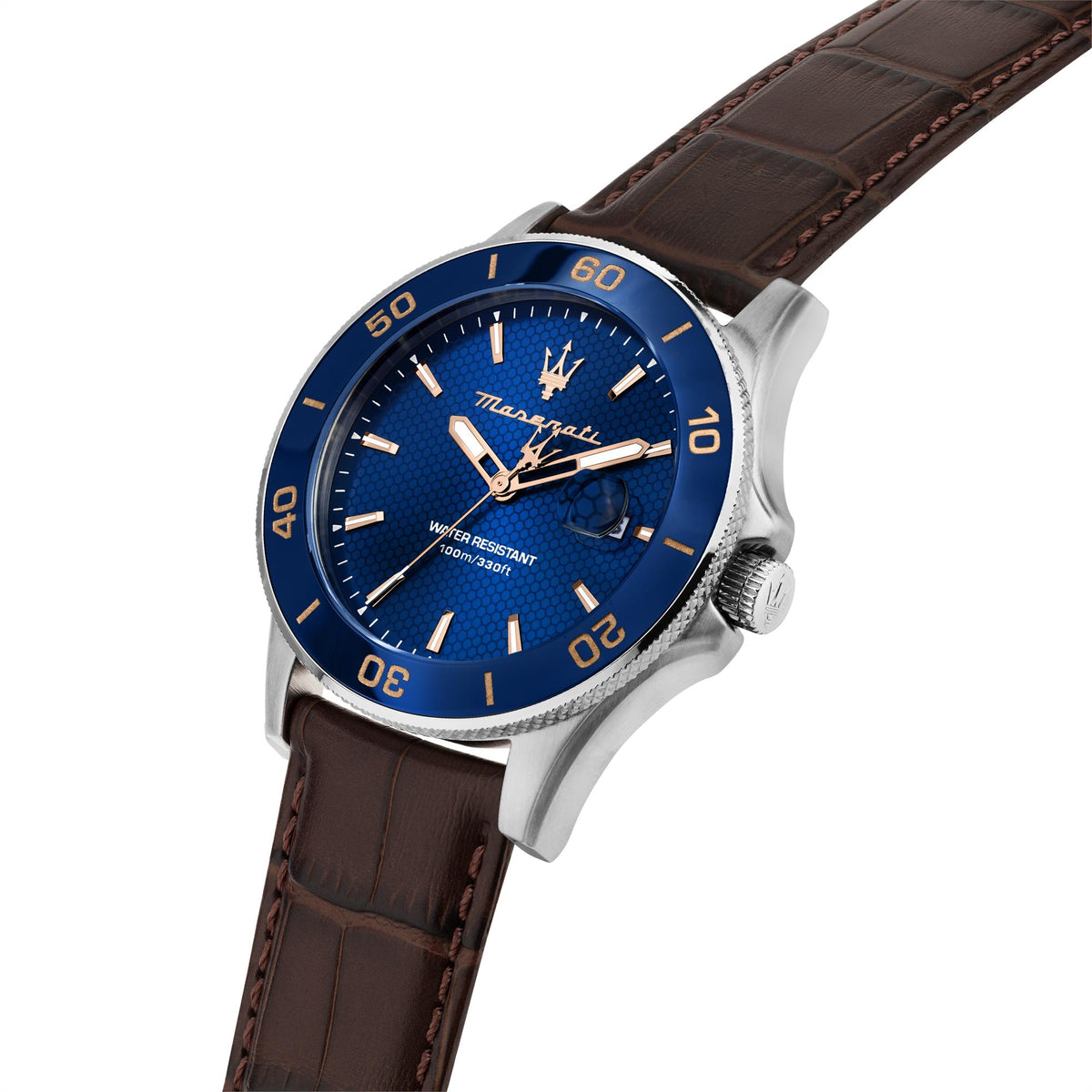 Maserati Competizione watch angled view with blue dial, brown leather strap, and silver case