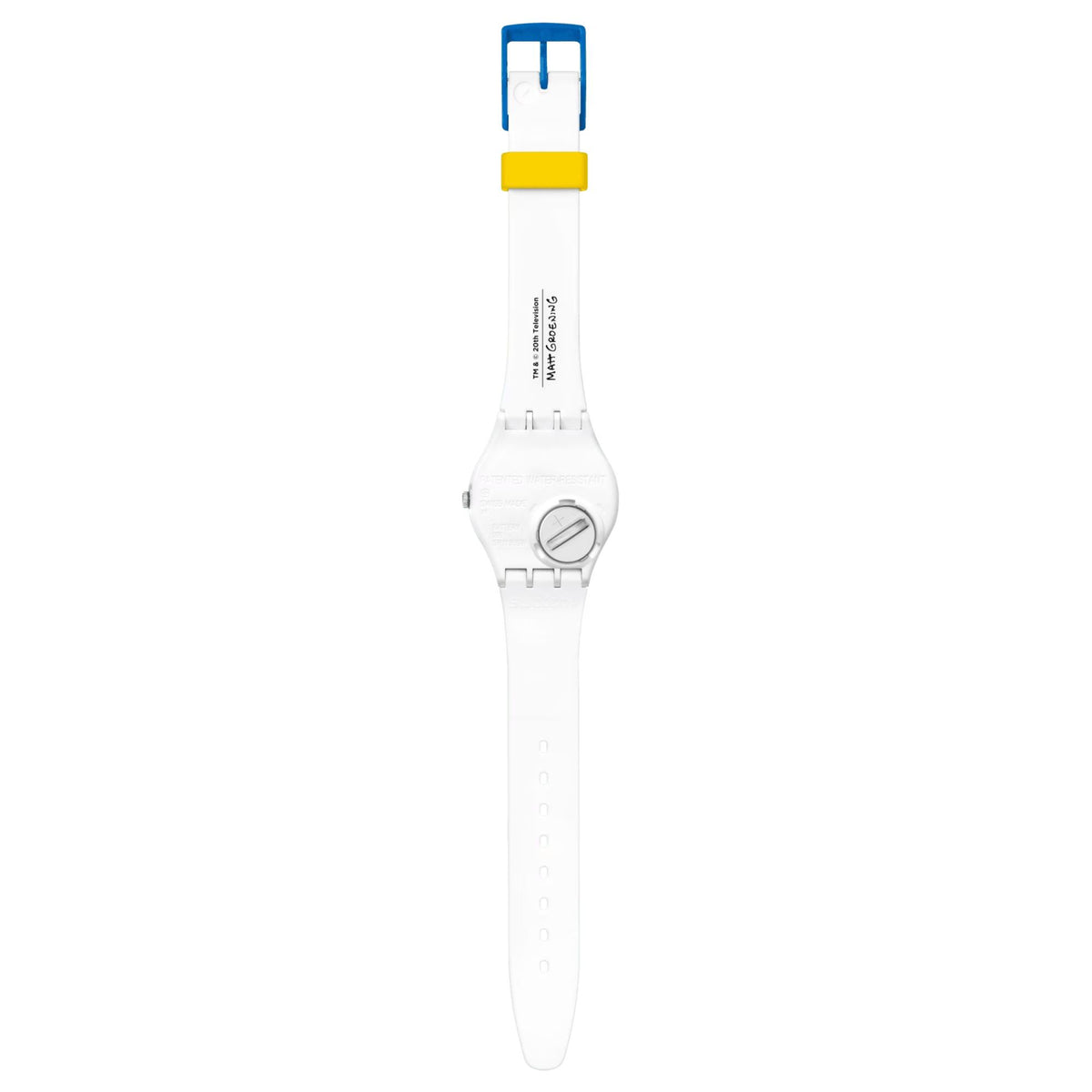 Ladies wristwatch with white strap and case, blue buckle and yellow top cap