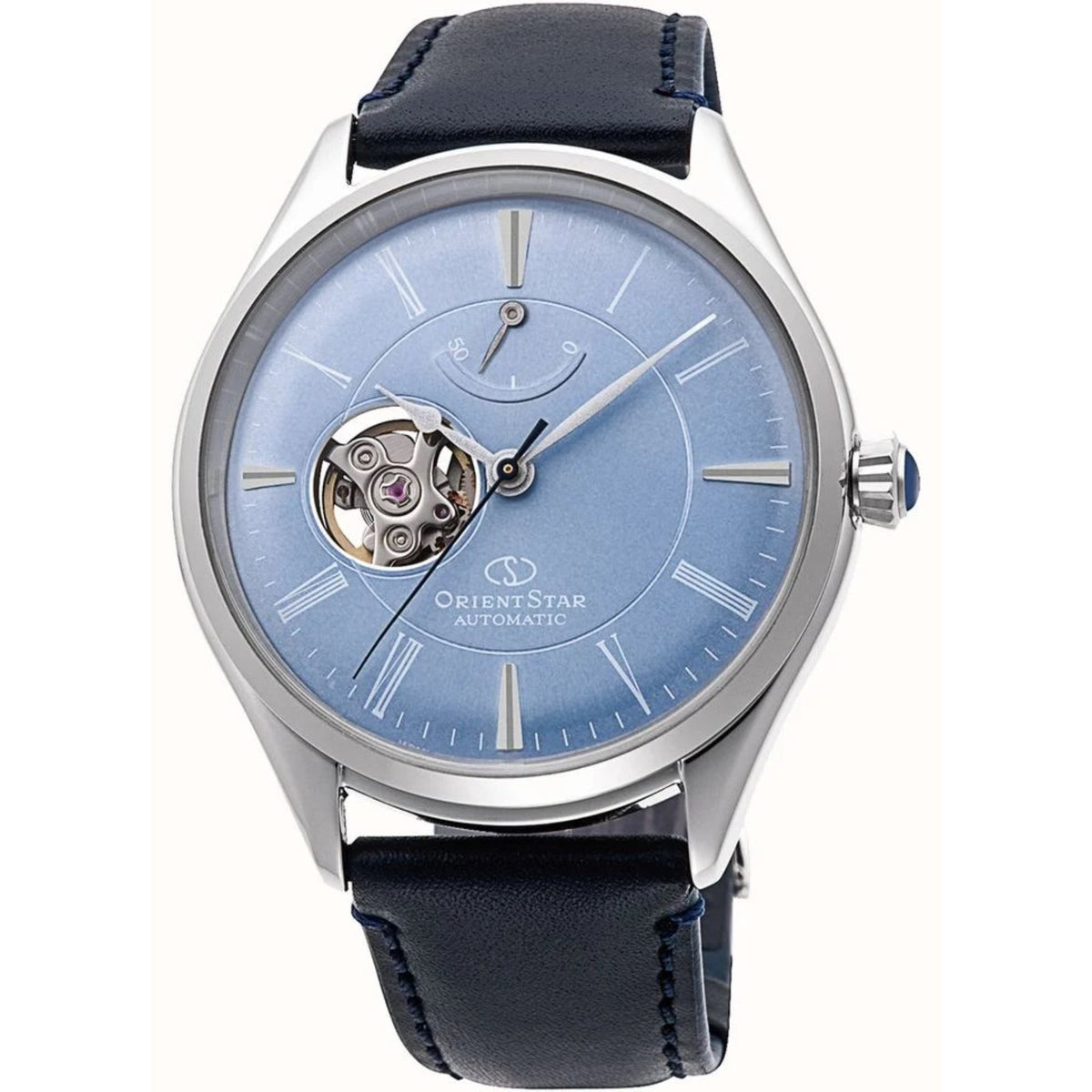 Automatic wristwatch front view: blue dial, visible skeleton movement, leather strap