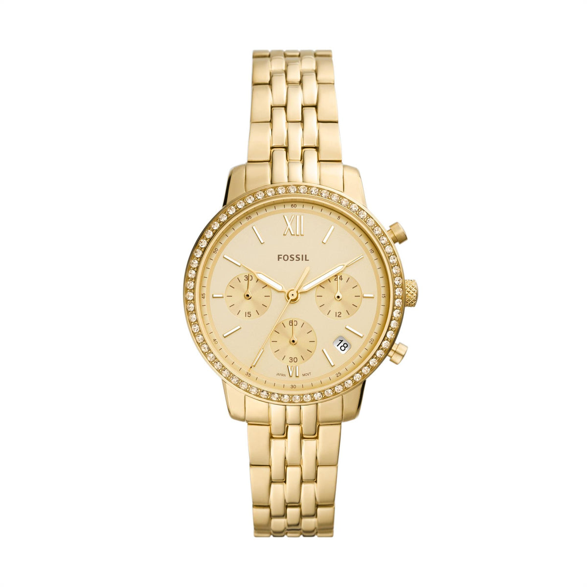 Gold-tone ladies chronograph watch with champagne dial, three subdials and date window