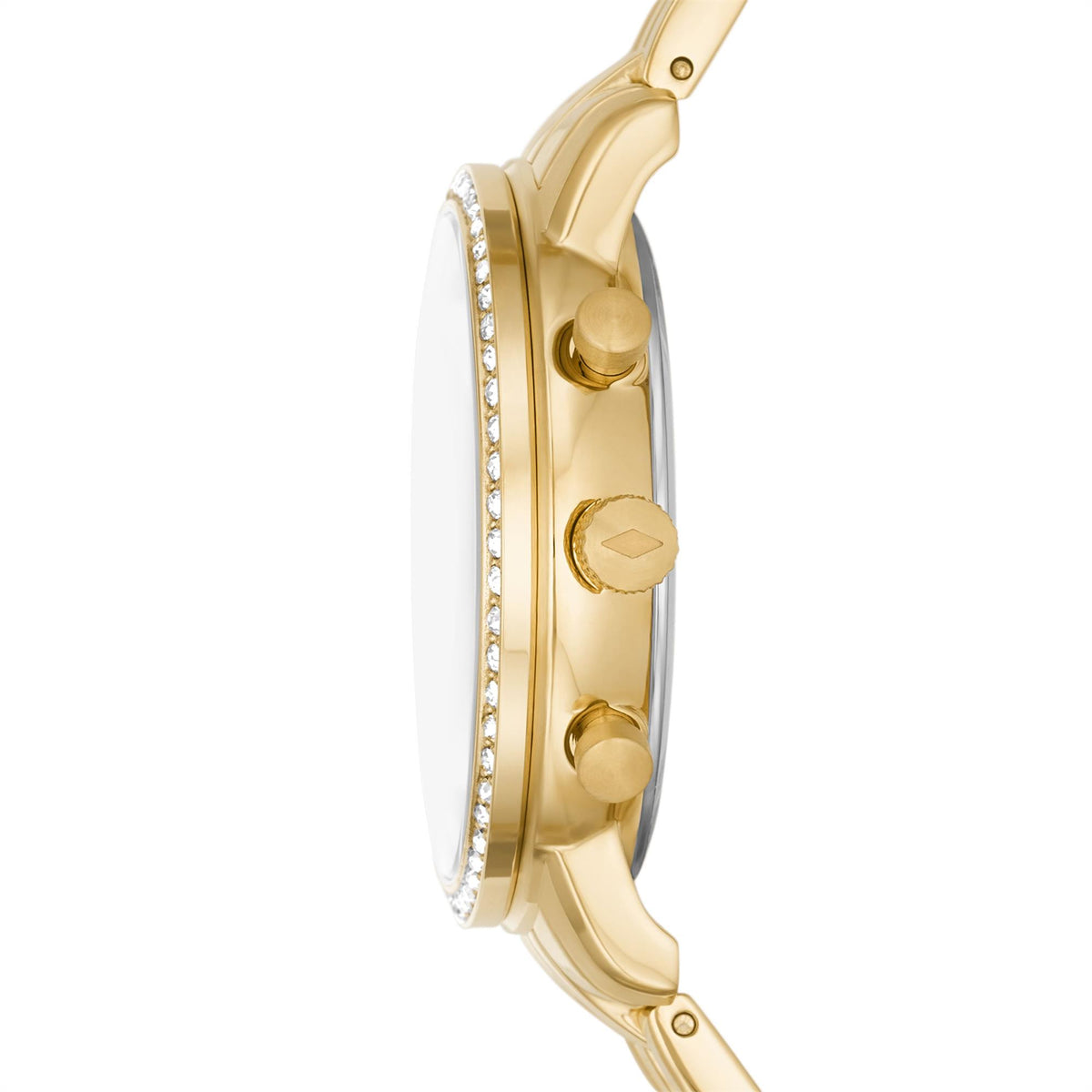 Gold-tone watch side profile showing crystal ring, crown, and pushers