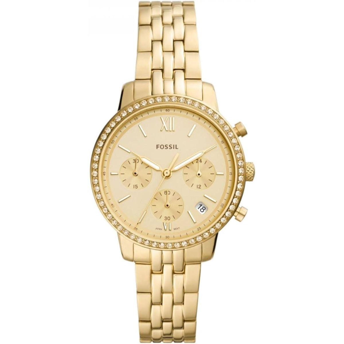 Gold-tone chronograph quartz watch with champagne dial, Roman numerals, crystal bezel