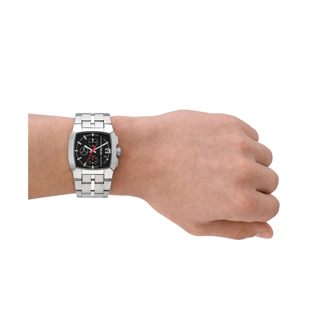 Men's steel chronograph watch on wrist, black dial with red second hand and subdials
