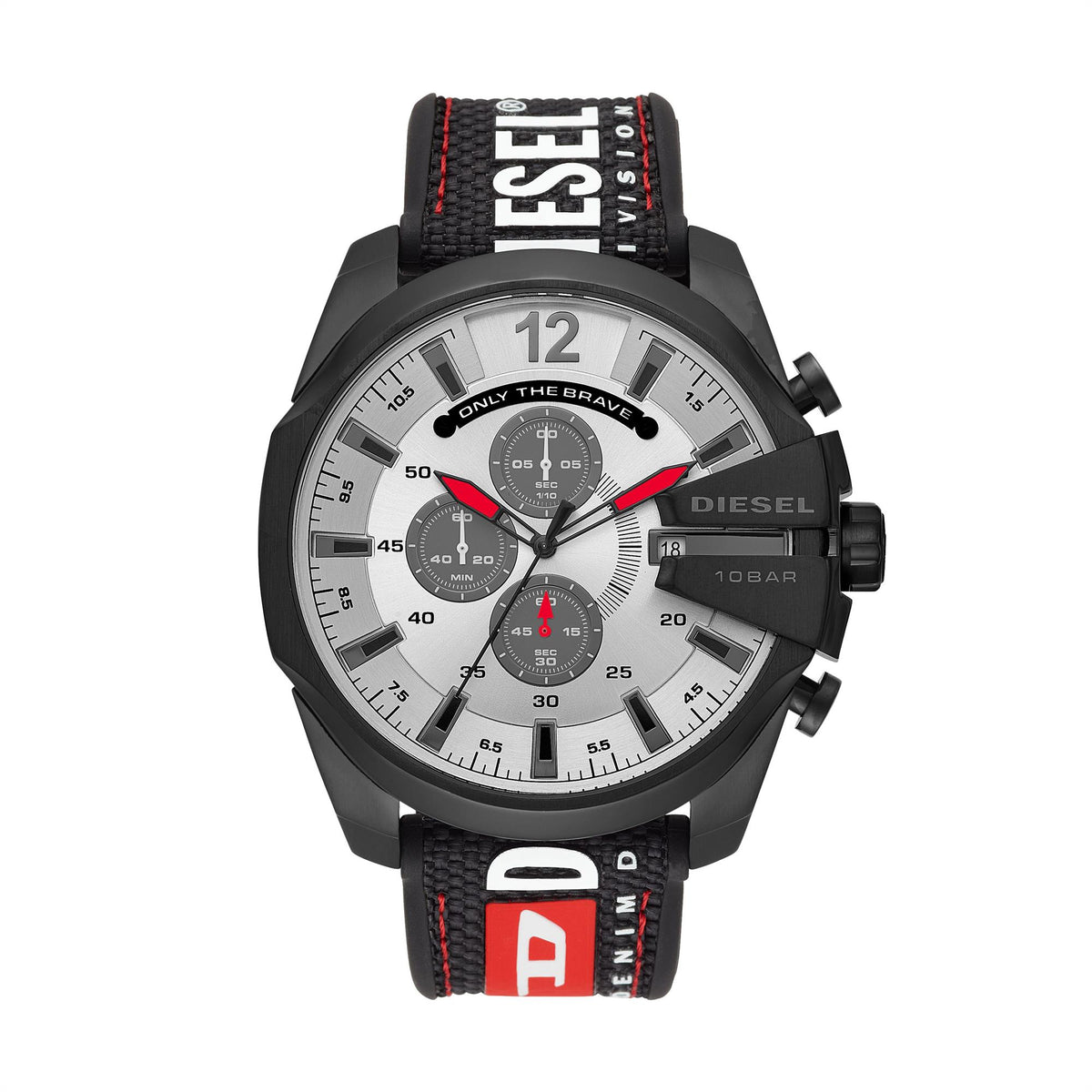 Diesel men's chronograph watch with black bezel, silver dial, red hands, black fabric strap