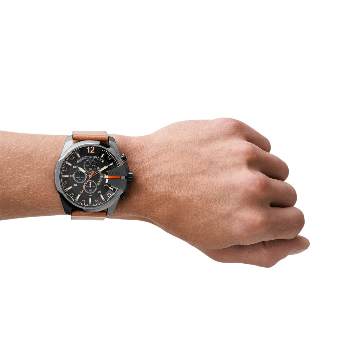 Men's Diesel chronograph quartz watch worn on wrist, black dial, brown leather strap.