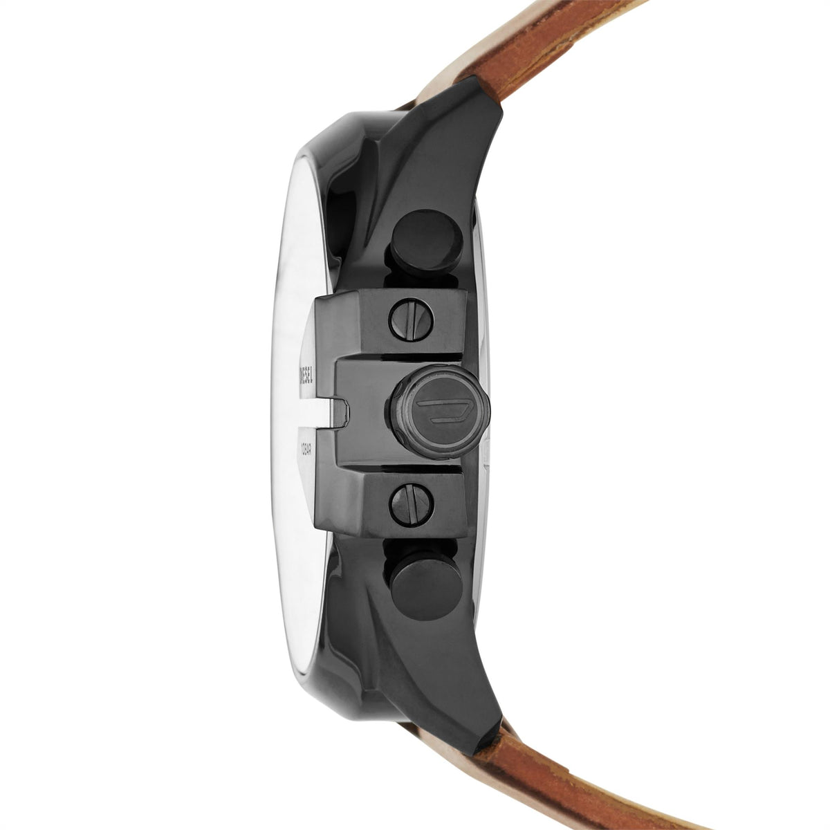 Diesel Mega Chief side view with crown and pushers, black metal case and leather strap.