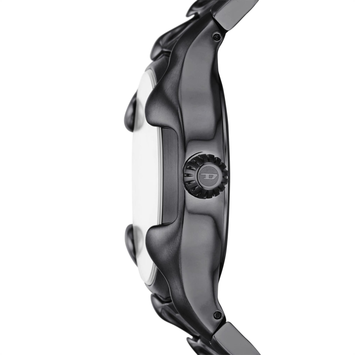 Men's Diesel quartz watch side view showing dark metal case curve and crown