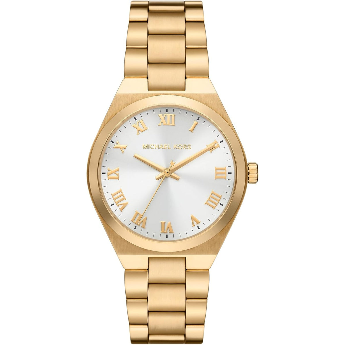 Gold-tone watch with white dial, Roman numeral markers, and gold-tone accents