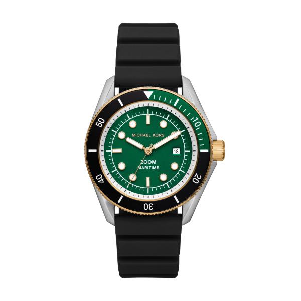 Men's dive-style watch with green dial, black bezel, and black silicone strap