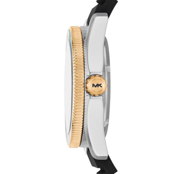 Men's watch with silver case and black strap, gold crown detail