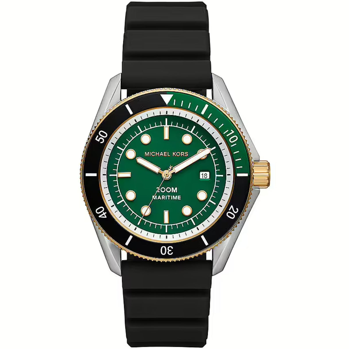 Men's green-dial watch with black bezel, silver case, and black silicone strap