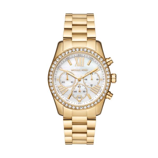 Gold-tone women’s watch with white mother-of-pearl dial, Roman numerals, rhinestone bezel