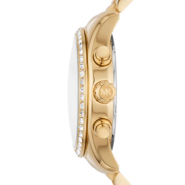 Gold-tone side view of watch with engraved MK marks and rhinestone bezel edge