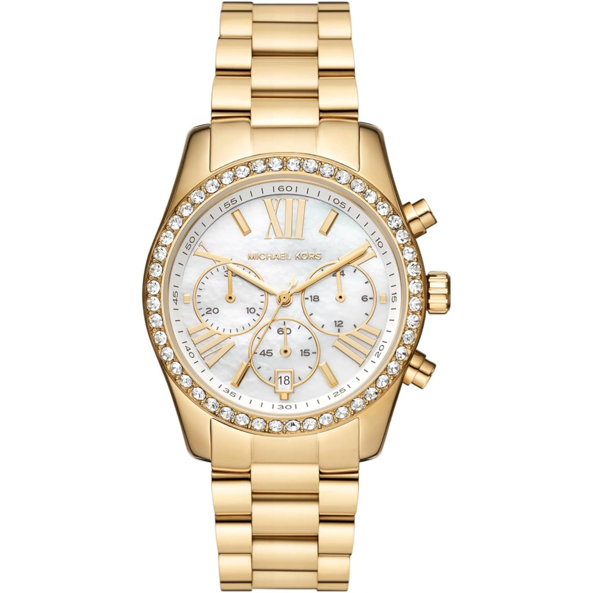 Gold-tone women’s watch with white mother-of-pearl dial, multiple subdials, rhinestone bezel