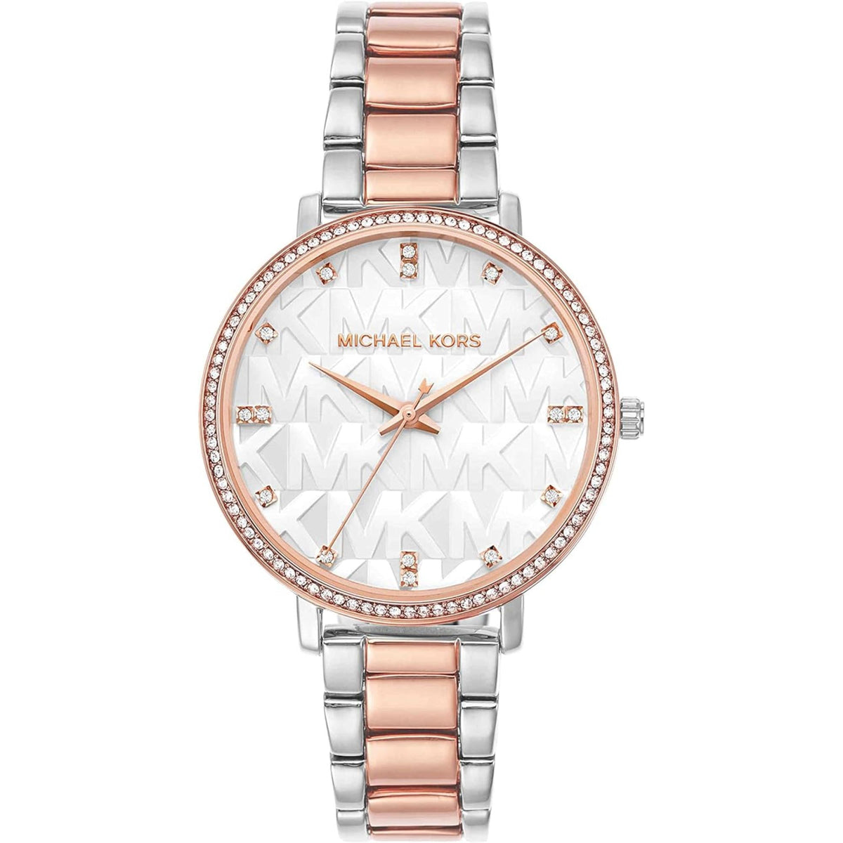 Michael Kors Pyper watch with patterned white dial, crystal bezel, rose-pink links