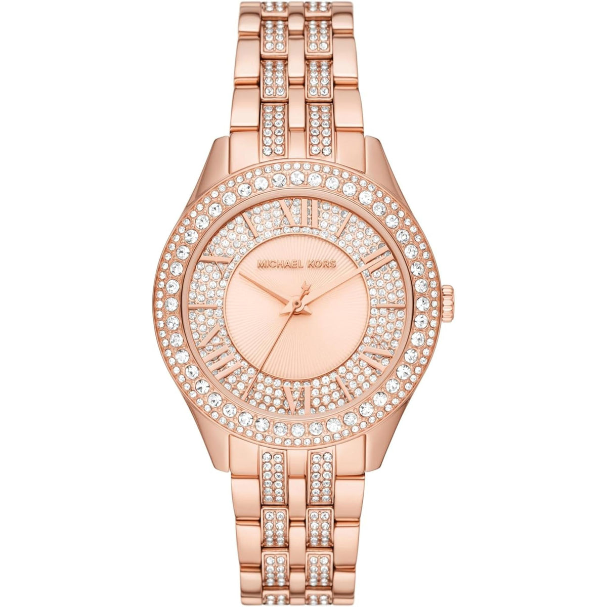 Rose gold dial watch with diamond-look bezel and crystal-accented bezel ring