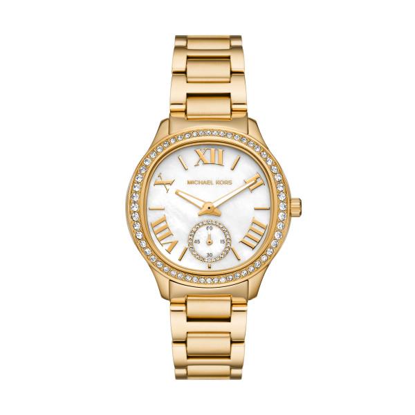 Gold-tone women’s watch face with white dial, crystal surround, and small subdial