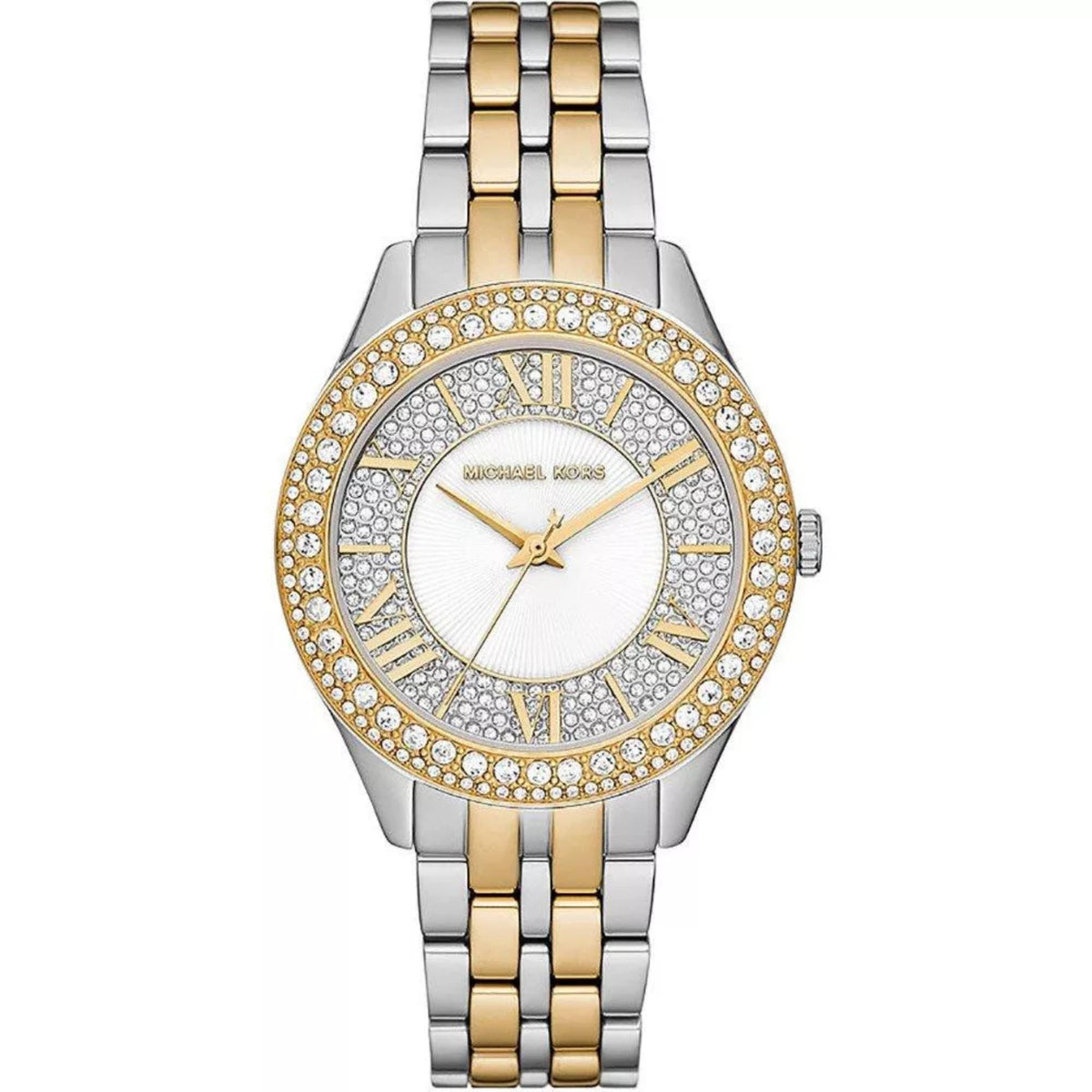 Two-tone stainless steel watch with crystal bezel, white dial, and gold-tone hands