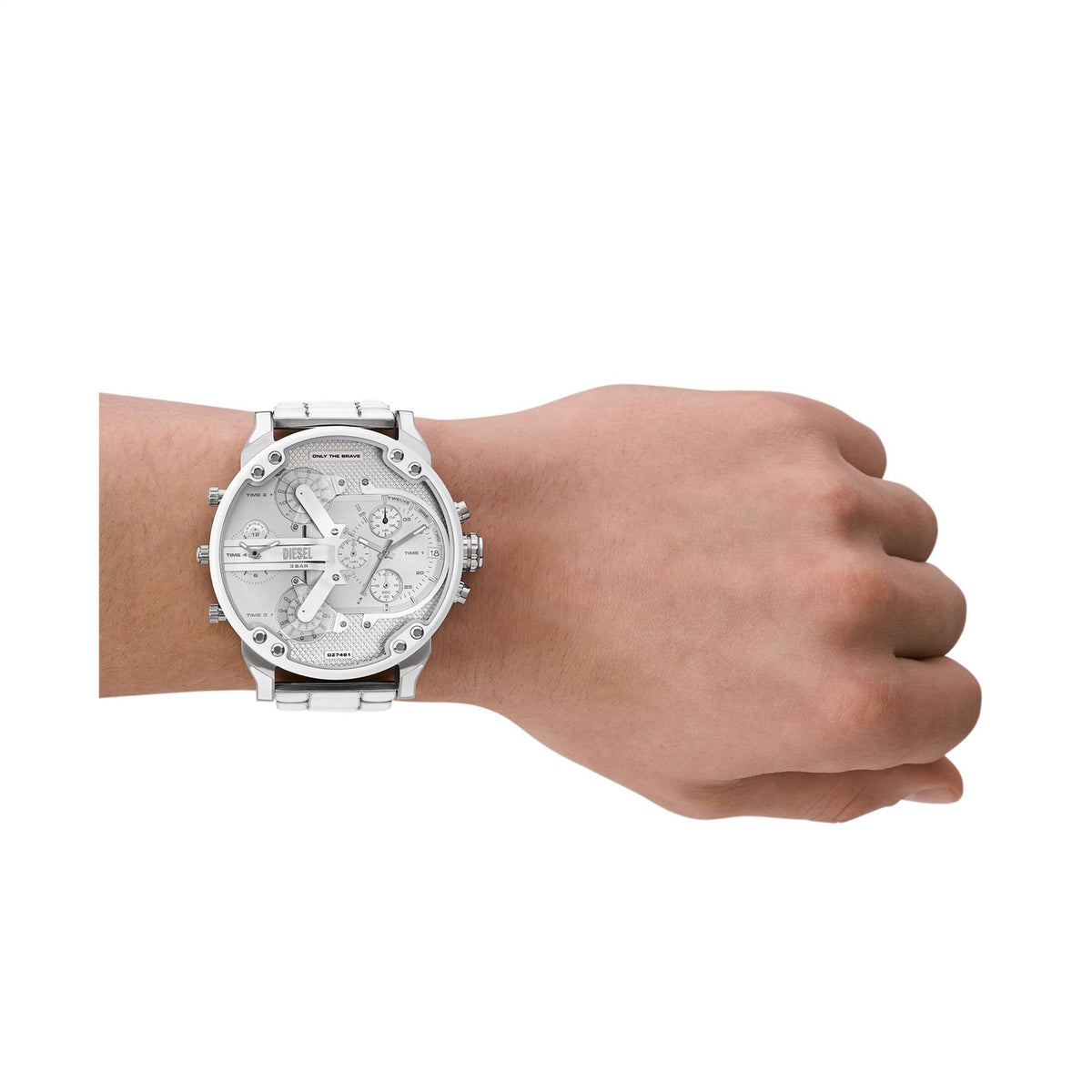 Men’s silver chronograph wristwatch featuring silver dial with subdials and steel band