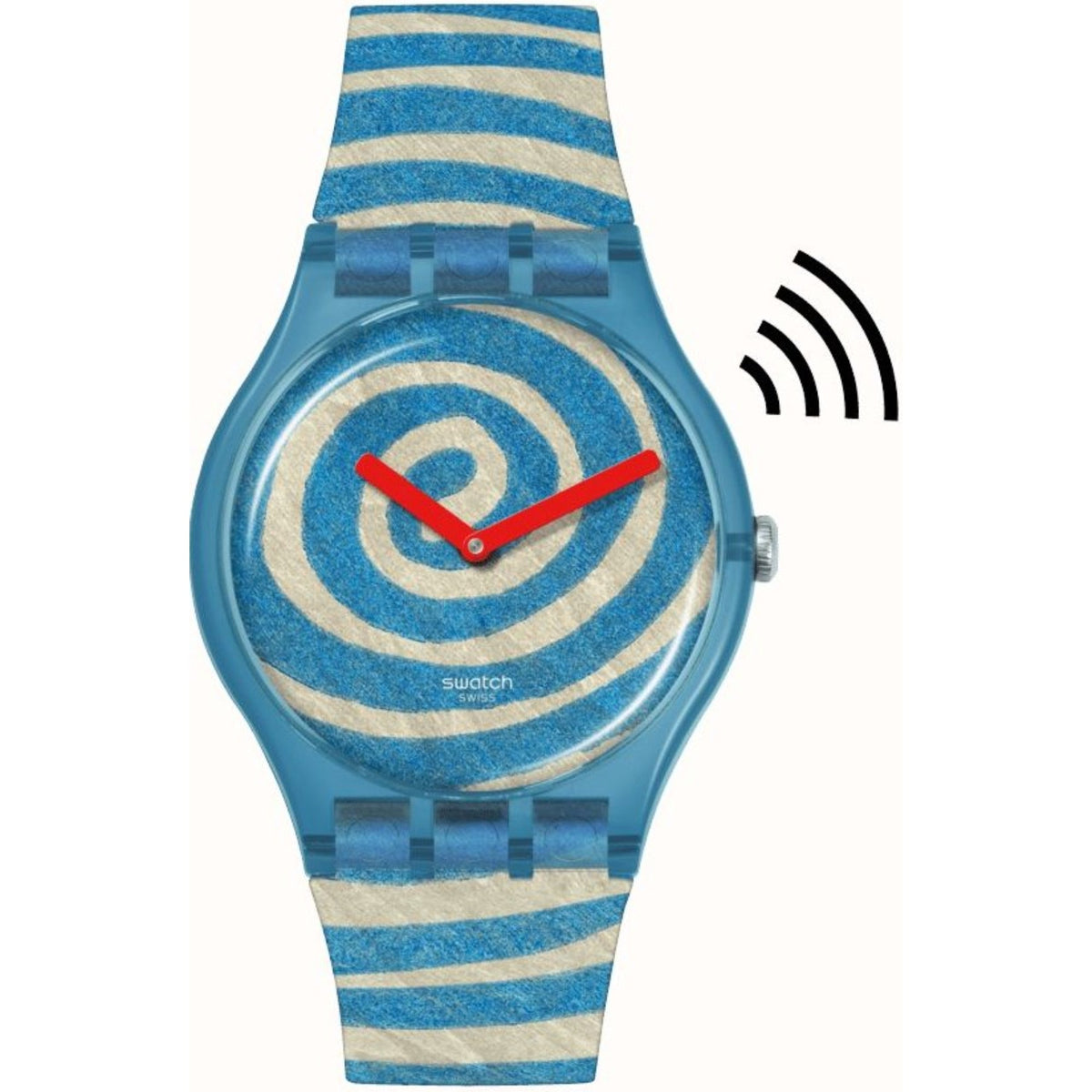 Blue spiral dial watch with red hands on a blue and beige striped silicone strap