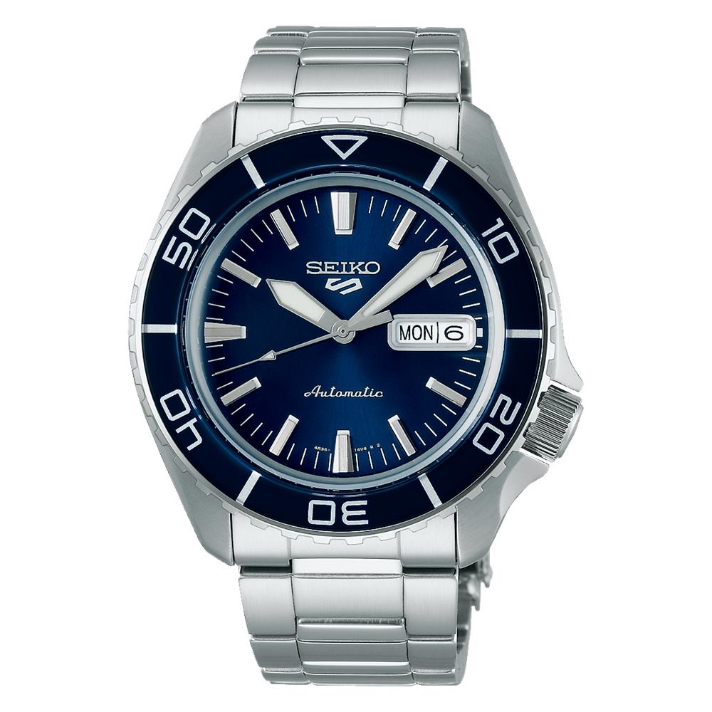 Full front shot of stainless steel SRPK97K1 watch diver-style design and blue tones.