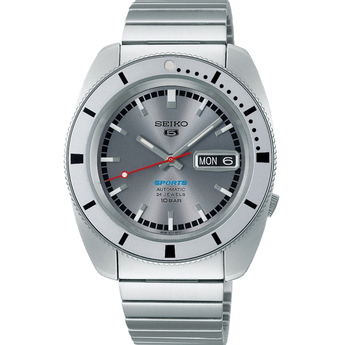 Men's stainless steel automatic watch with gray-blue dial, red hands, metal bracelet, day/date.