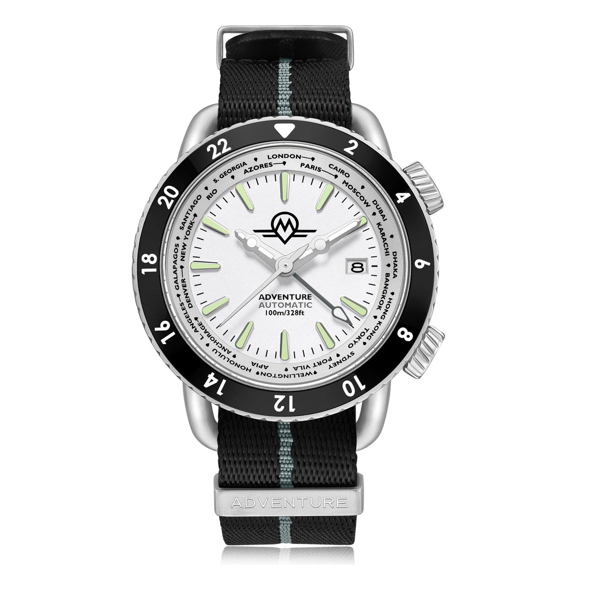 Men's automatic watch with white dial, black bezel, and black fabric strap with green stripe