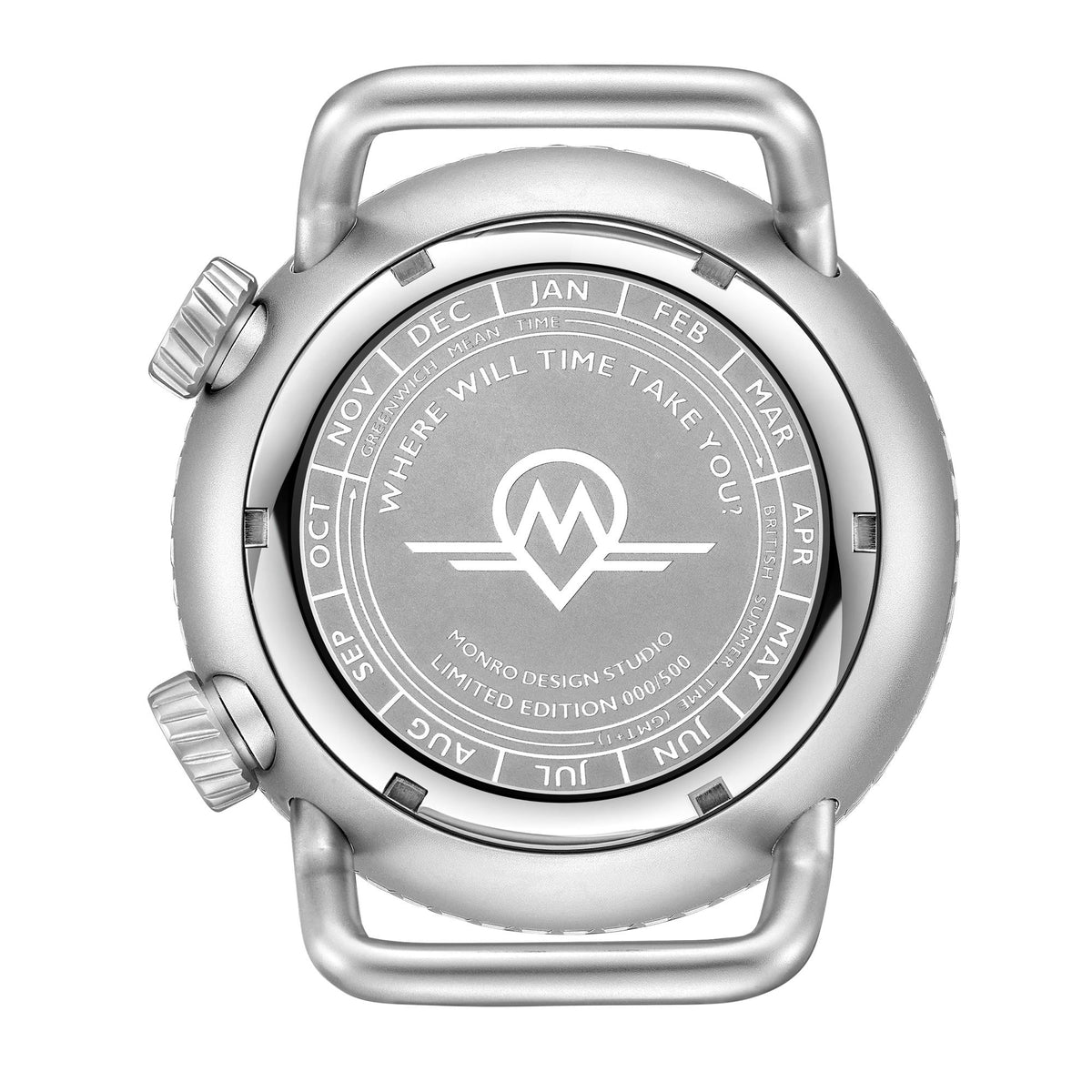 Men's automatic watch case back with engraved calendar text and Monro design