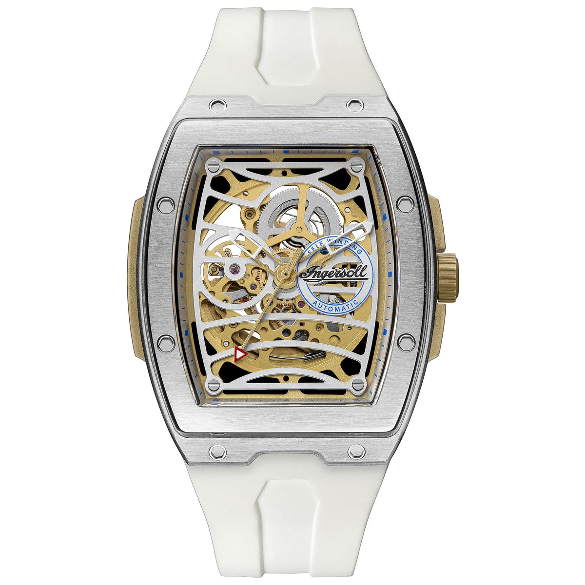 Men's automatic skeleton watch with white PU strap and gold-toned open movement in bezel