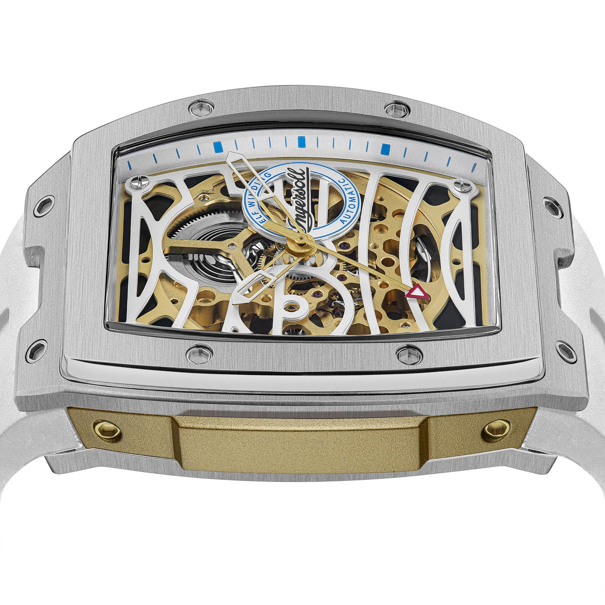 Men's skeleton automatic watch, silver case, white PU strap, visible gold-tone movement