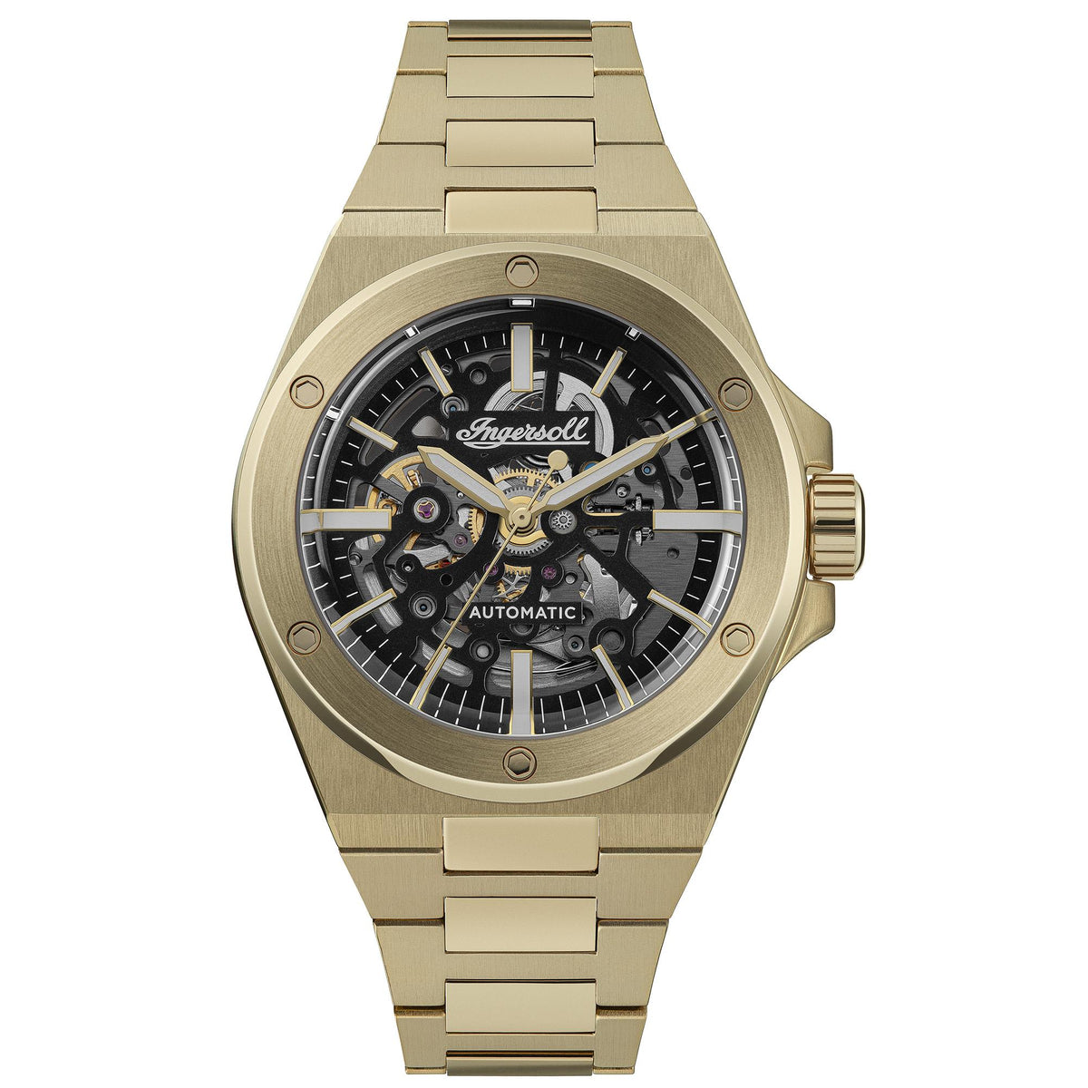 Men's automatic skeleton watch front view, black dial on gold-tone link bracelet