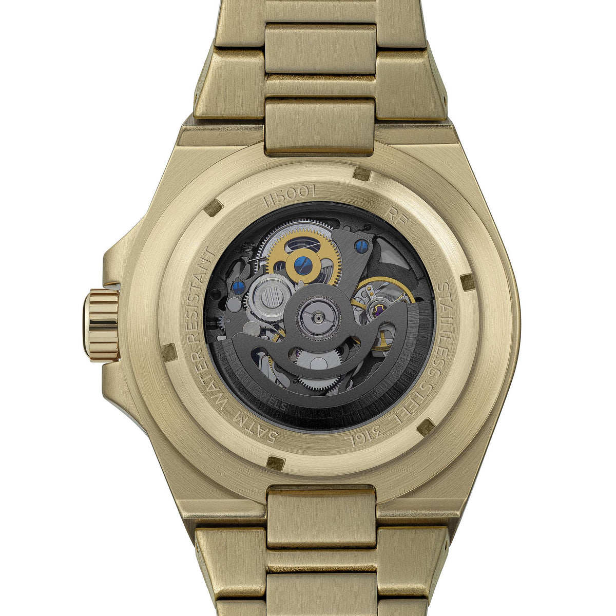 Men's automatic watch back close-up with exposed movement in gold-tone case