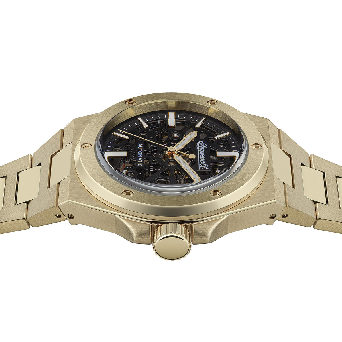 Gold men's skeleton automatic watch with black open dial and round crown