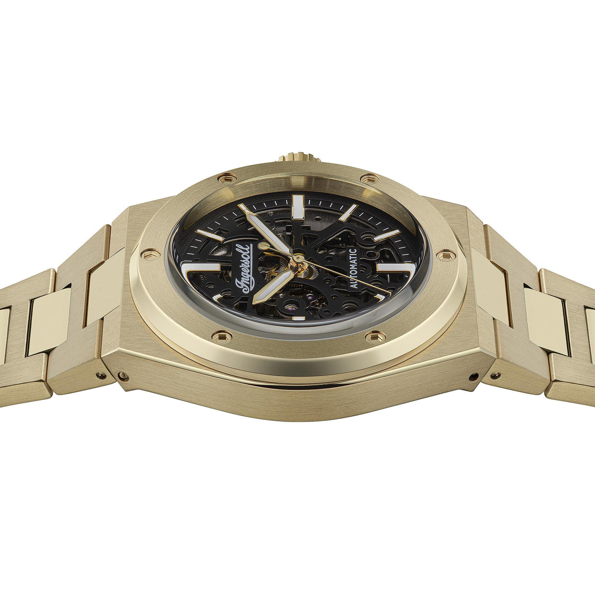 Gold men's automatic skeleton watch with black dial and visible balance wheel