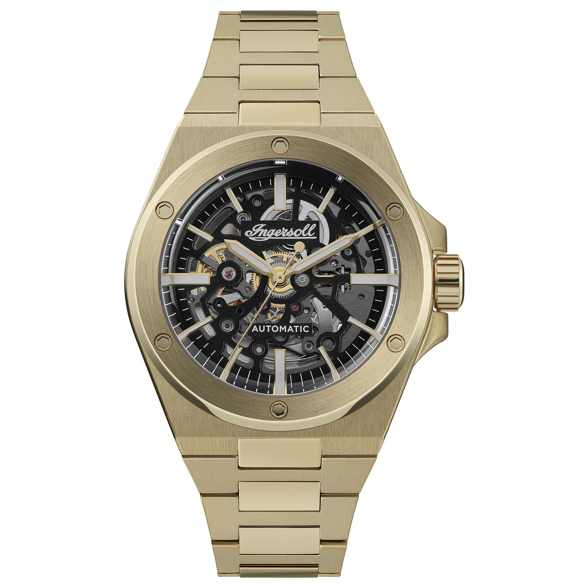 Men's automatic skeleton watch front view with black dial and gold-tone bracelet