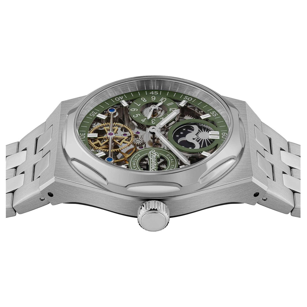 Ingersoll men's automatic watch with green dial and silver case, angled crown view