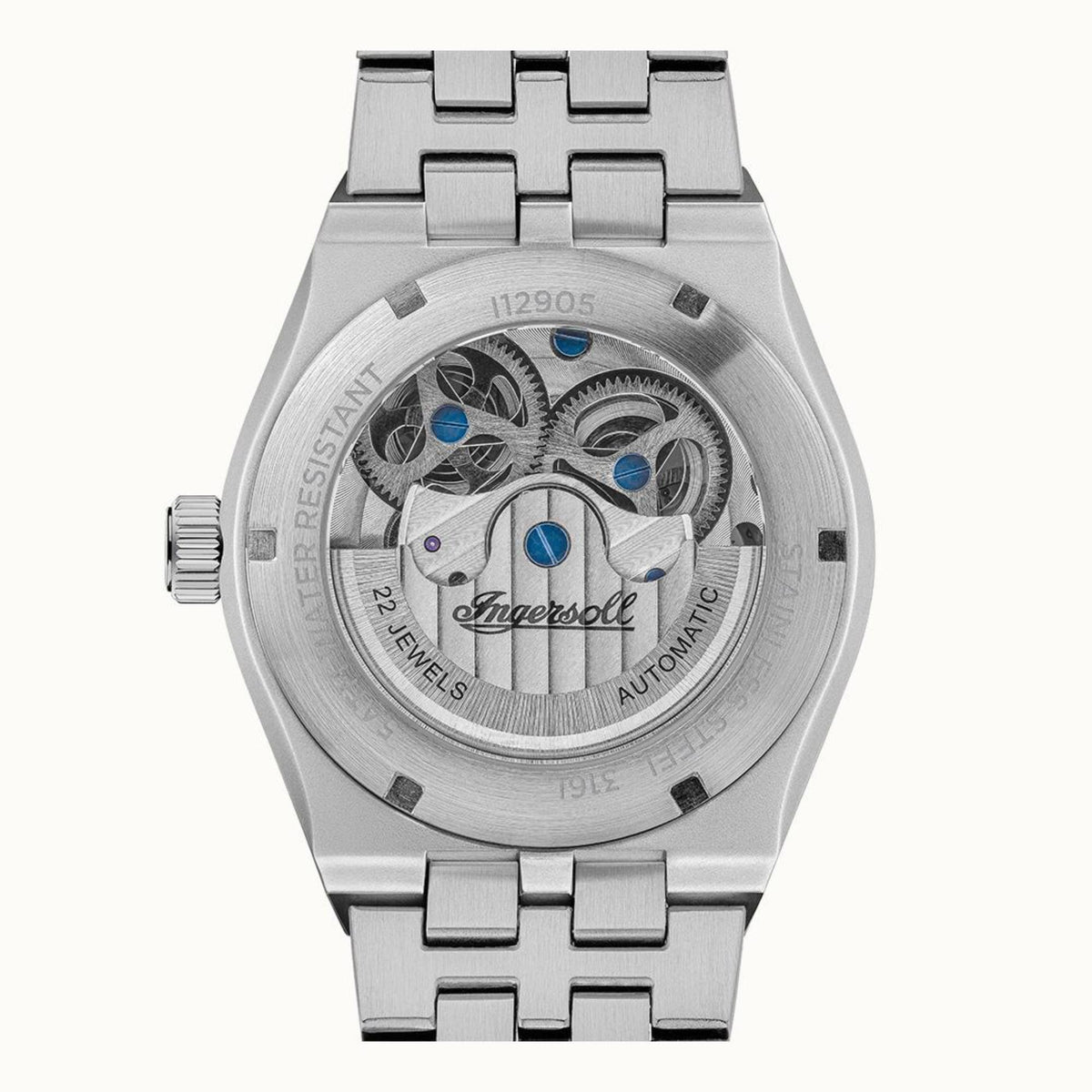 Automatic men's watch with silver stainless steel bracelet and visible movement
