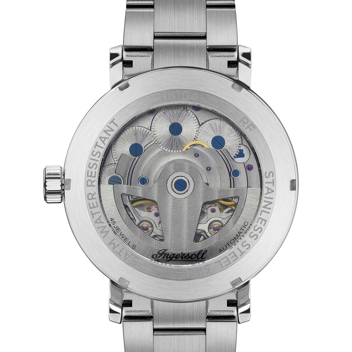 Stainless steel automatic watch caseback with engraved ring and visible balance parts