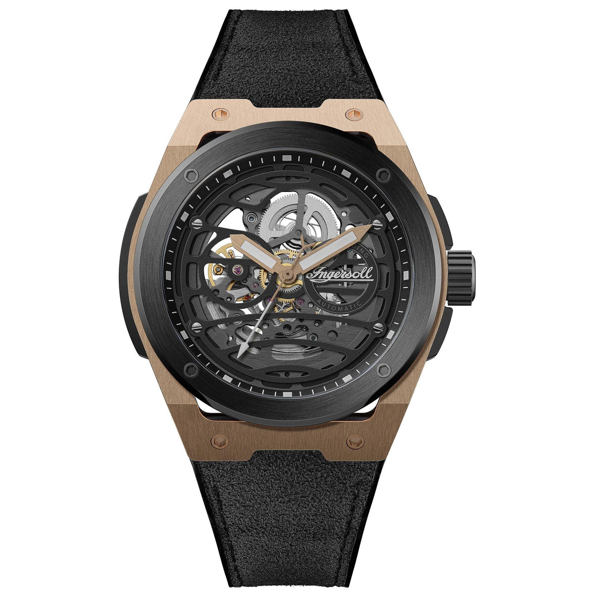 Men's automatic watch front view with black skeleton dial and black PU strap, rose-gold case