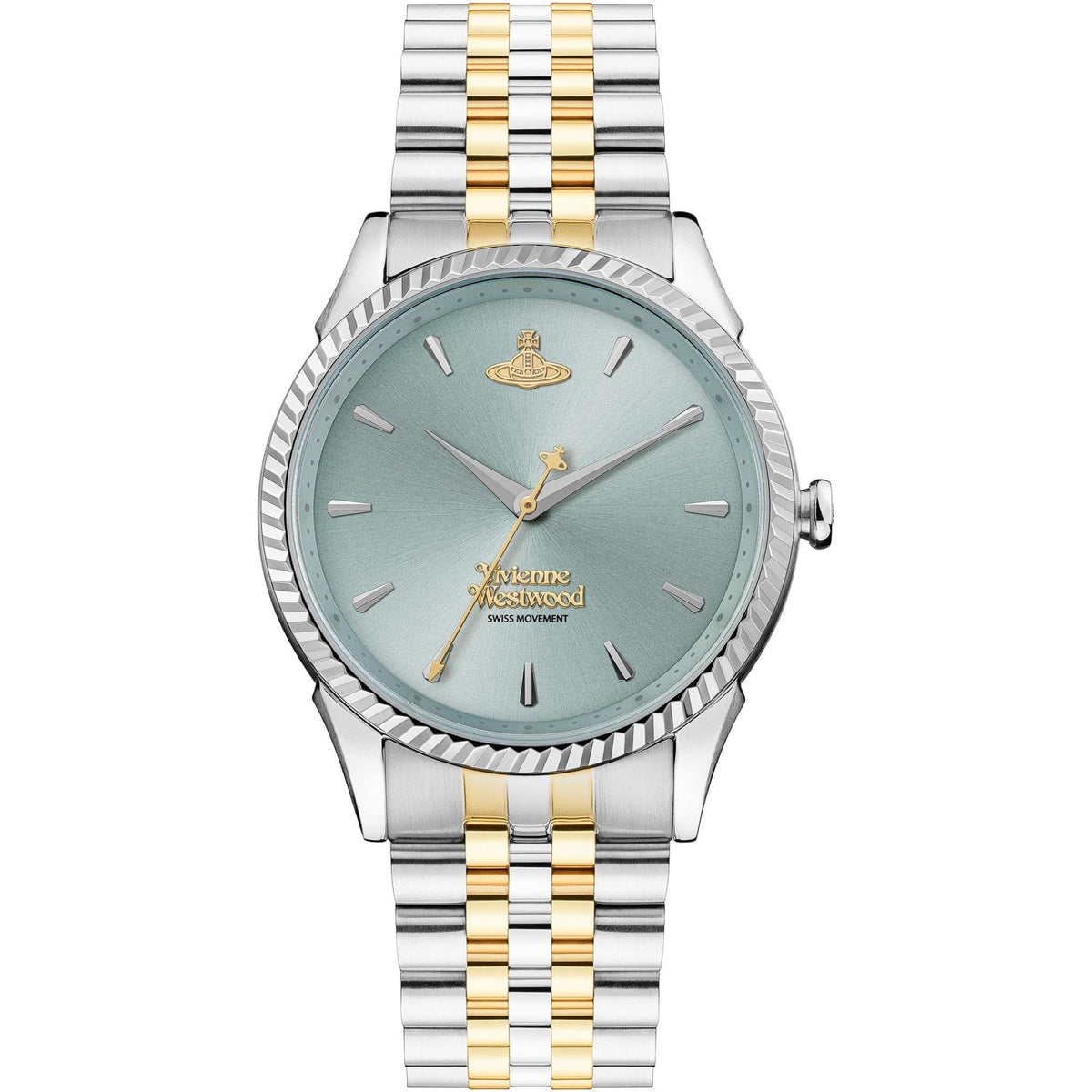 Two-tone ladies quartz watch with pale blue dial, gold hour markers, steel and gold bracelet