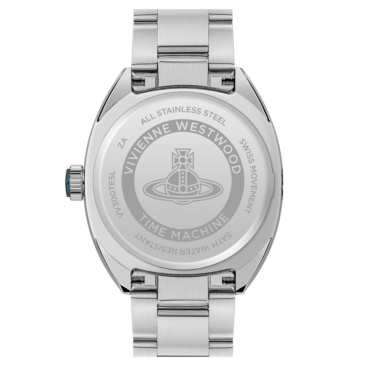 Men's stainless steel watch case back engraving with Vivienne Westwood and Time Machine text.