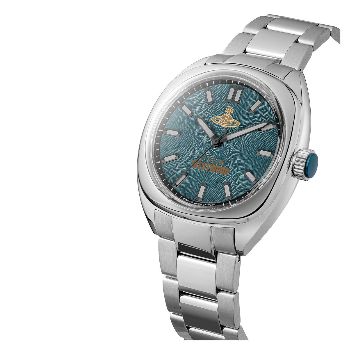 Stainless steel men’s quartz watch with teal-blue dial and blue-accent crown