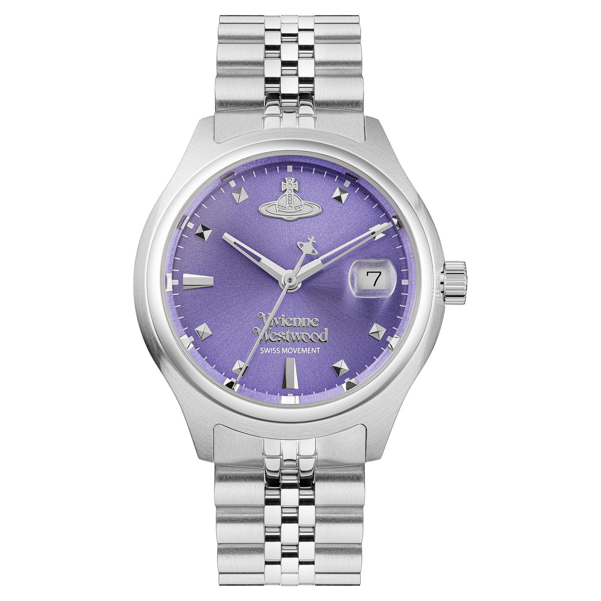 Women's Vivienne Westwood quartz watch with purple dial, steel bracelet, date window