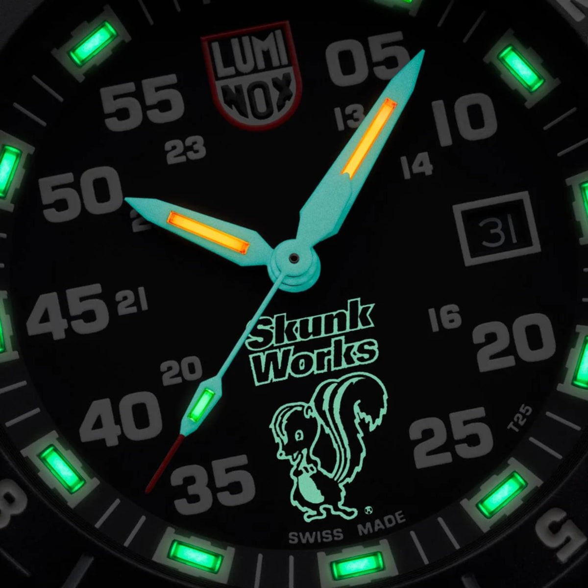 Luminous close-up watch dial with green glow hour markers and colored hands