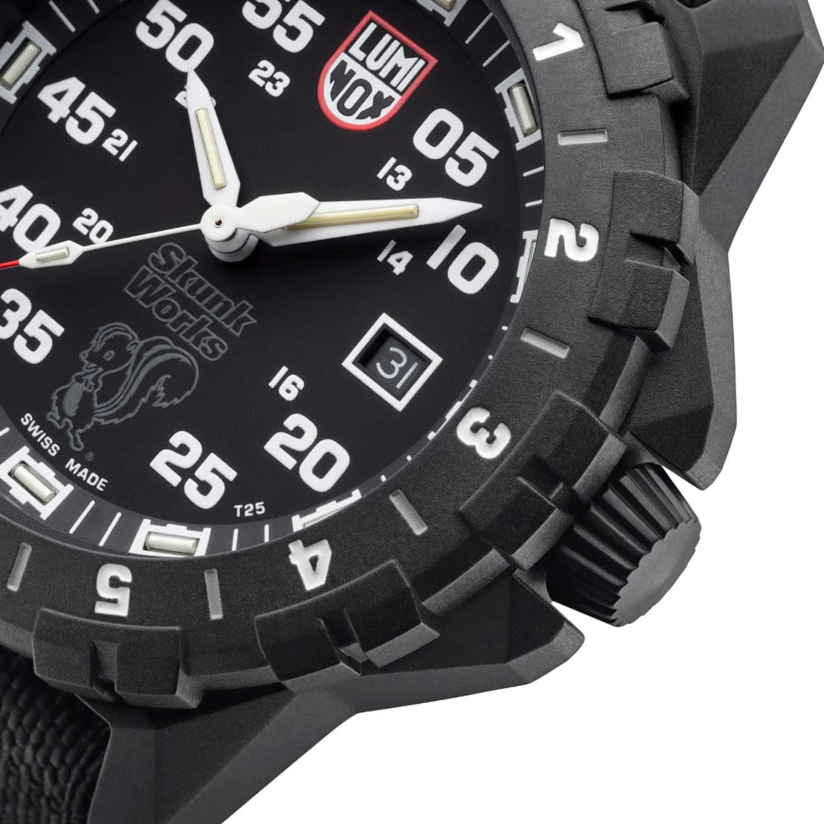 Angled close-up of men's black quartz watch showing crown guard, date window, and dial markers