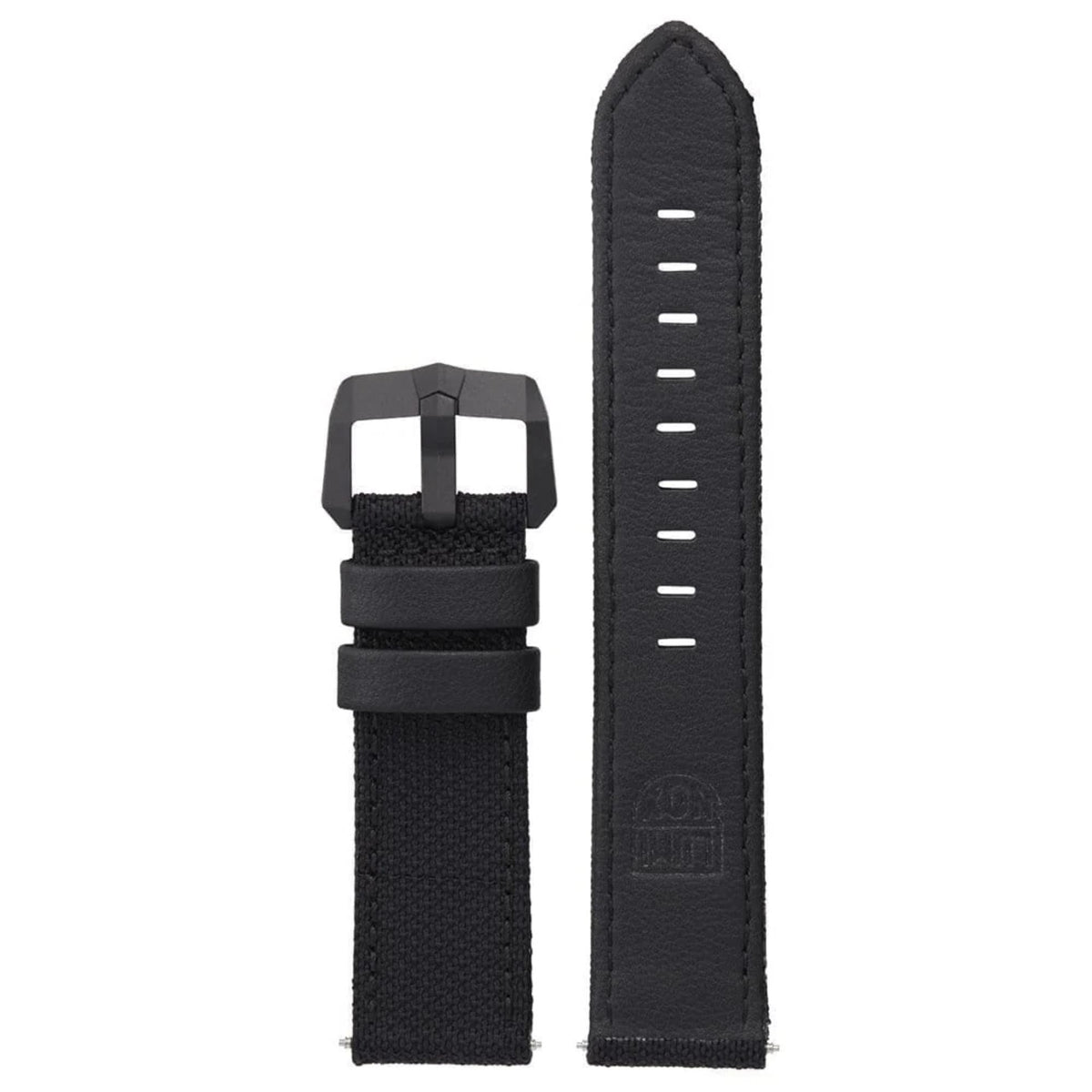 Black textile watch strap with stitched texture and buckle loops