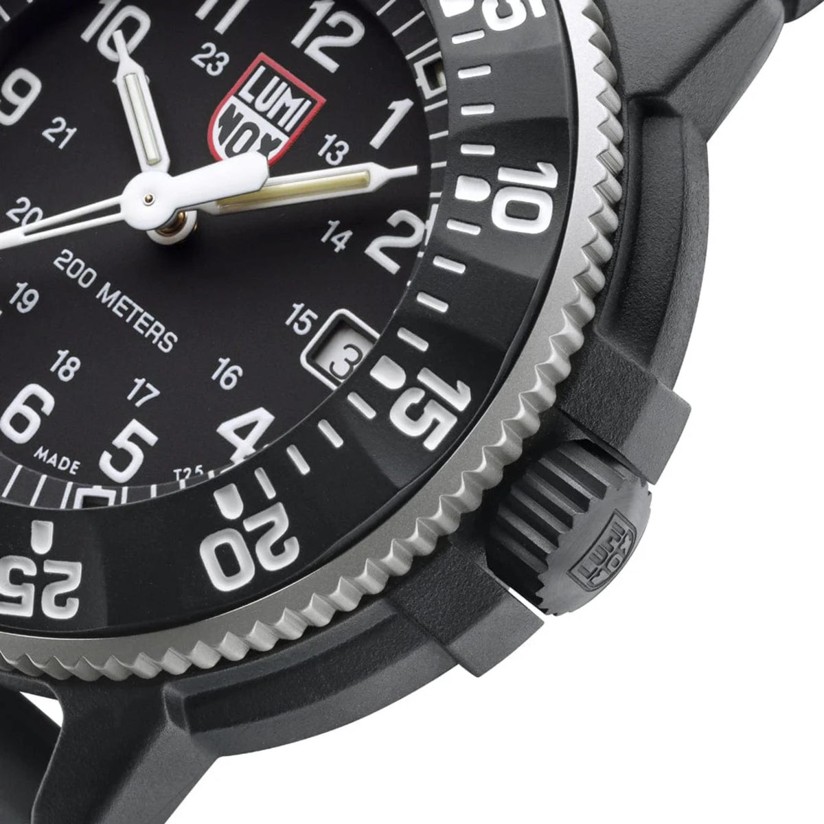 Black diver watch case and ridged bezel edge with black rubber strap